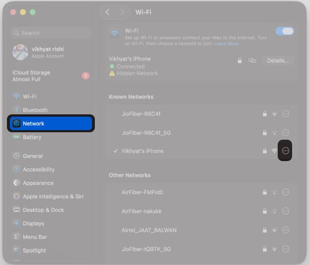 Open Settings and Tap On Network And Click The Details Button