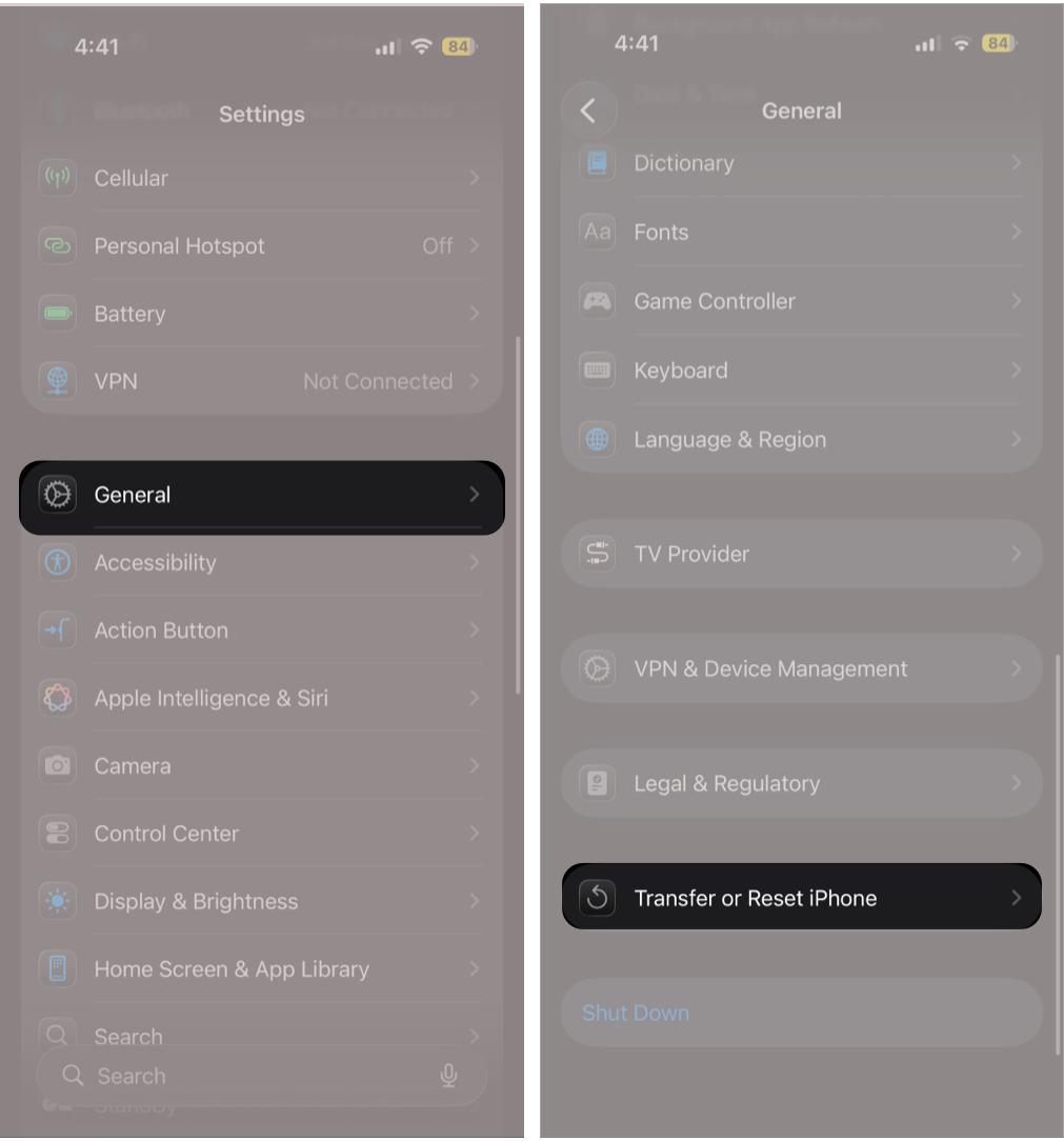 Open Settings, then General, and select Transfer or Reset iPhone.