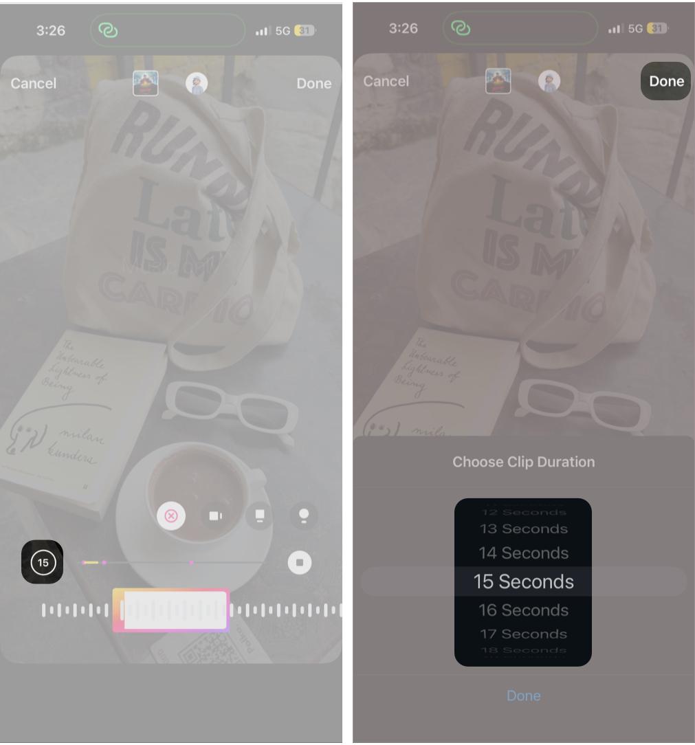 Selecting track and setting timer for an Instagram story as your timeline.
