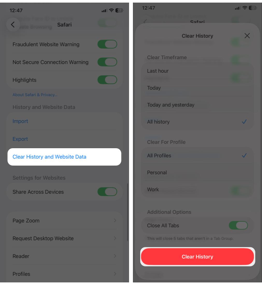 Tap Clear History and Website Data and Tap On Clear History