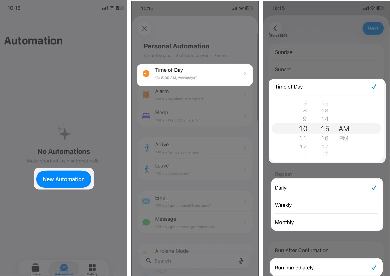 Tap New Automation, Choose Time of Day, and Set Your Desired Date and Time.