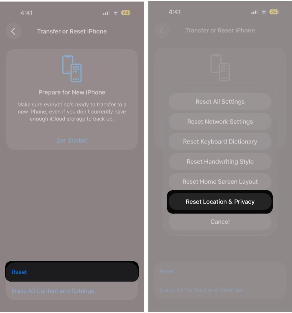 Tap Reset, then select Reset Location & Privacy