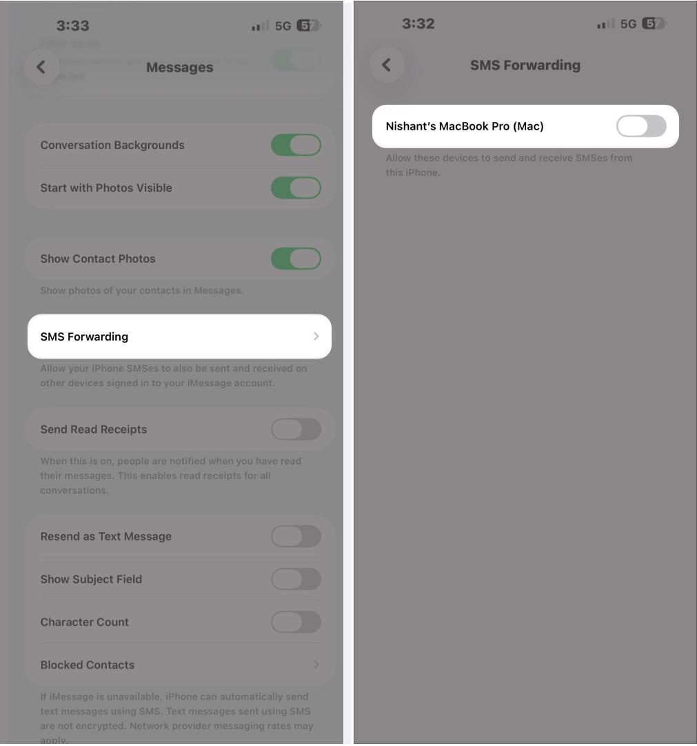 Tap SMS Forwarding And Toggle on iPad And Mac.