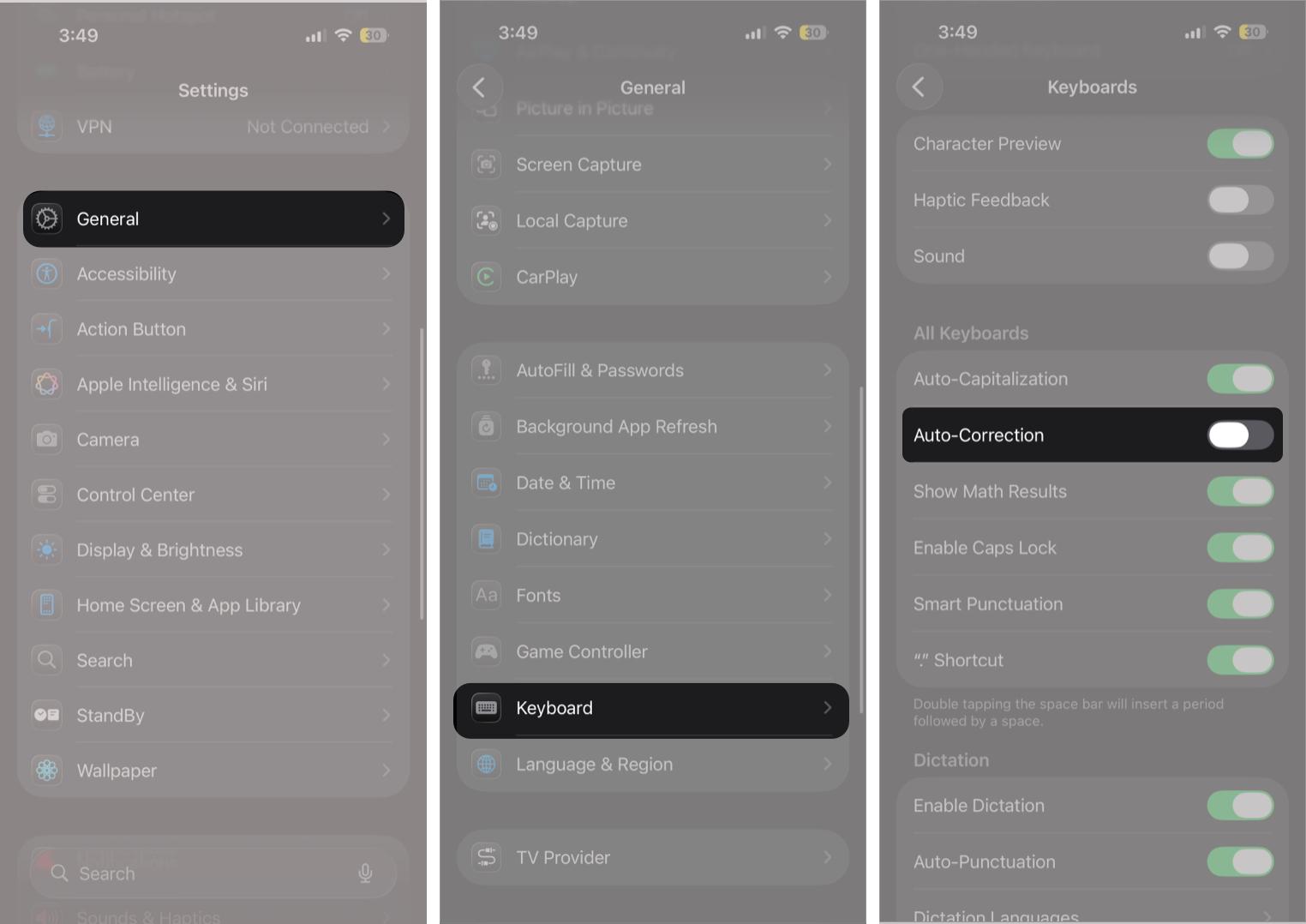 Turn Off Auto-Correction Via Use Settings