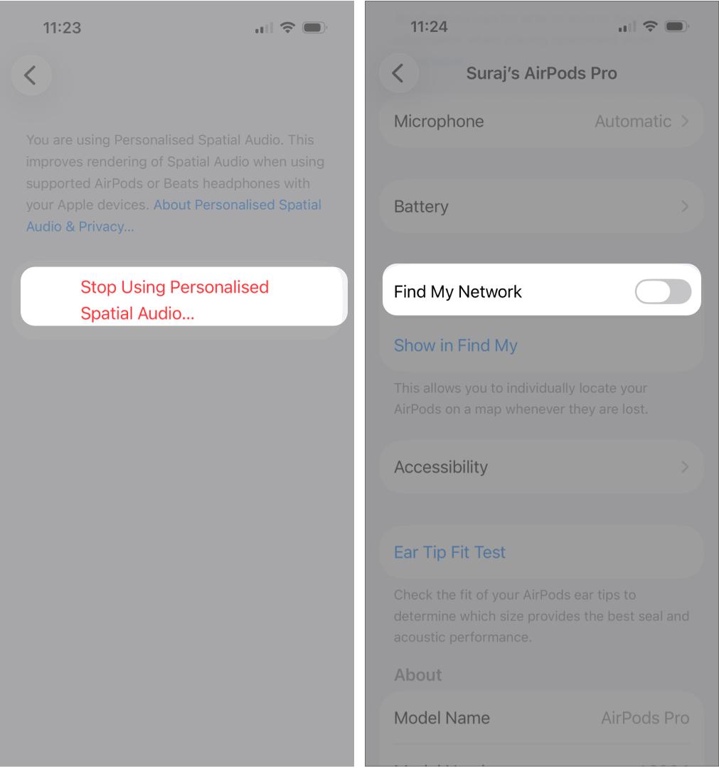 Turn Off Spatial Audio and Head Tracking and Find My Network