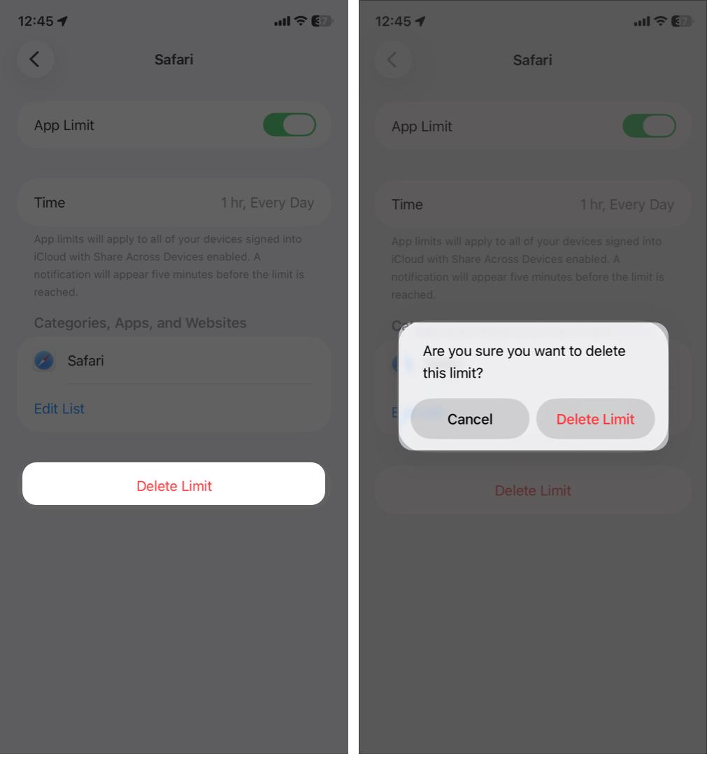 tap Safari and select Delete Limit twice
