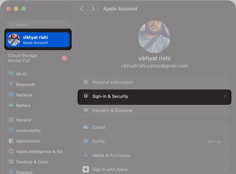 Accessing Apple ID Sign-In & Security settings on Mac.