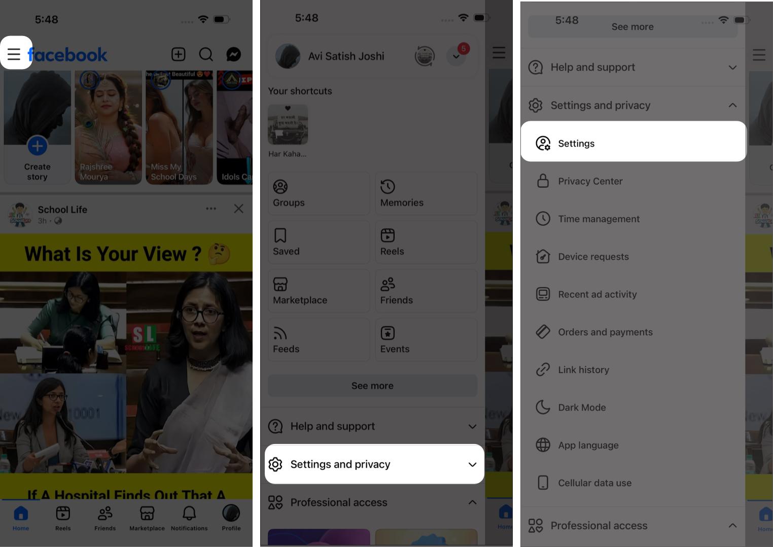 Accessing Facebook app settings.
