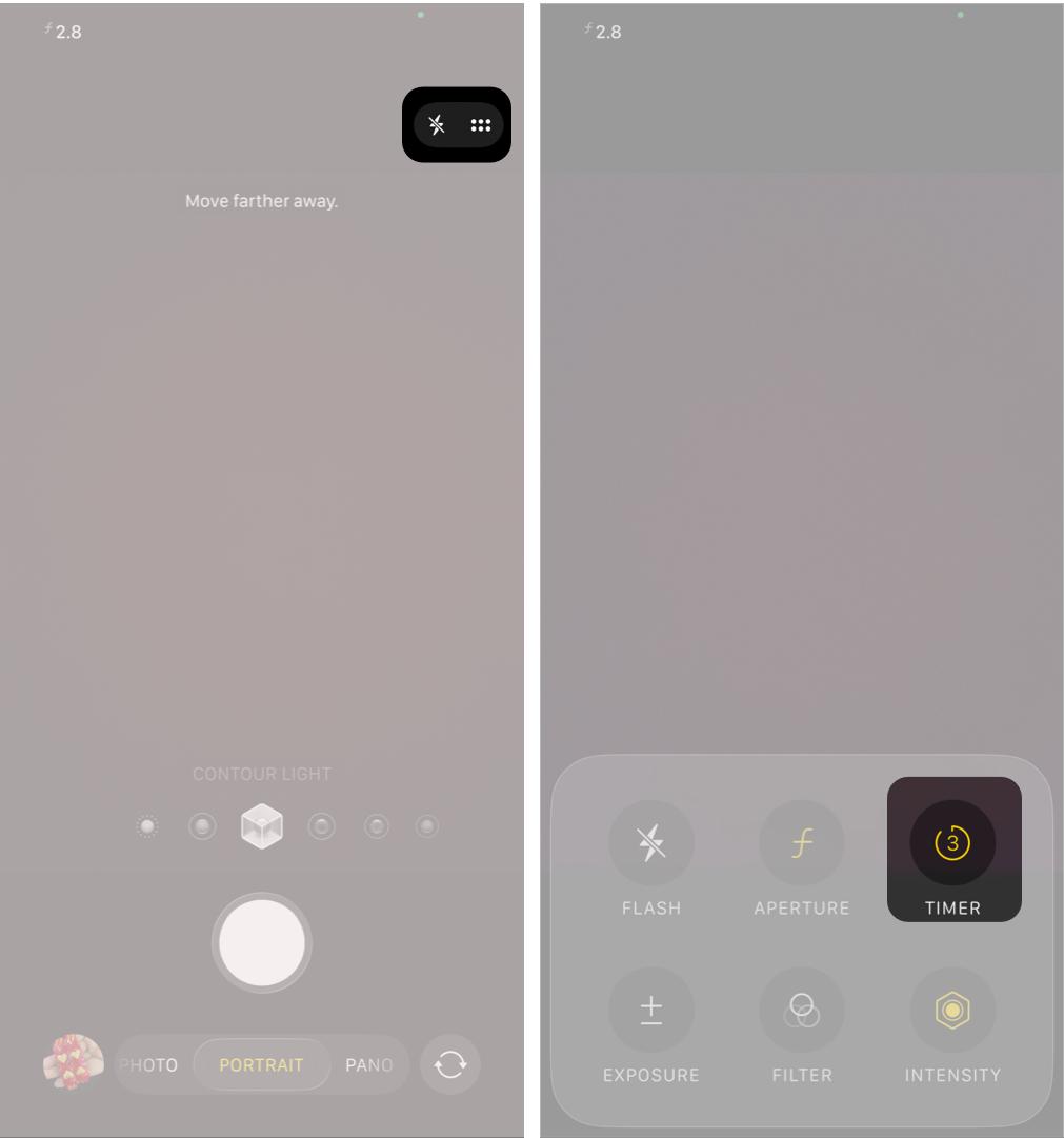 Accessing the Camera Timer and Lighting Filters on an iPhone.