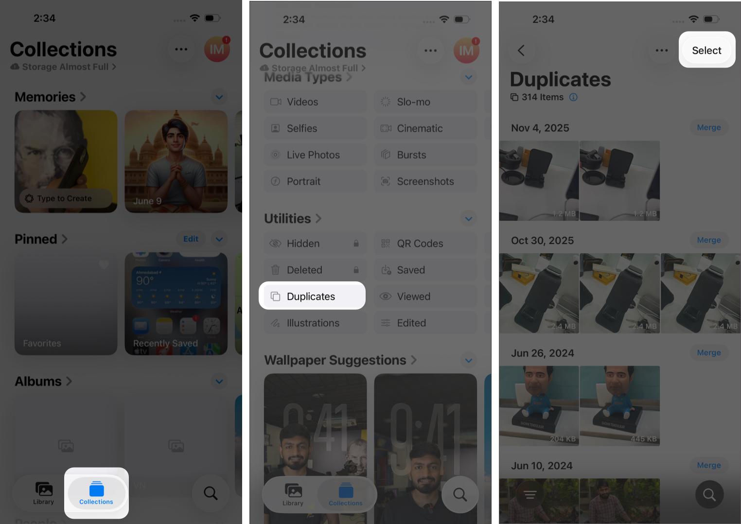 Accessing the Duplicates Utility in the iPhone Photos App.