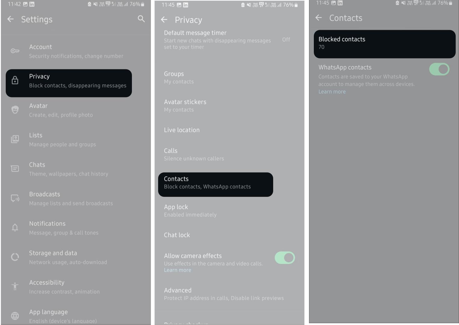Block on WhatsApp in Android From Settings