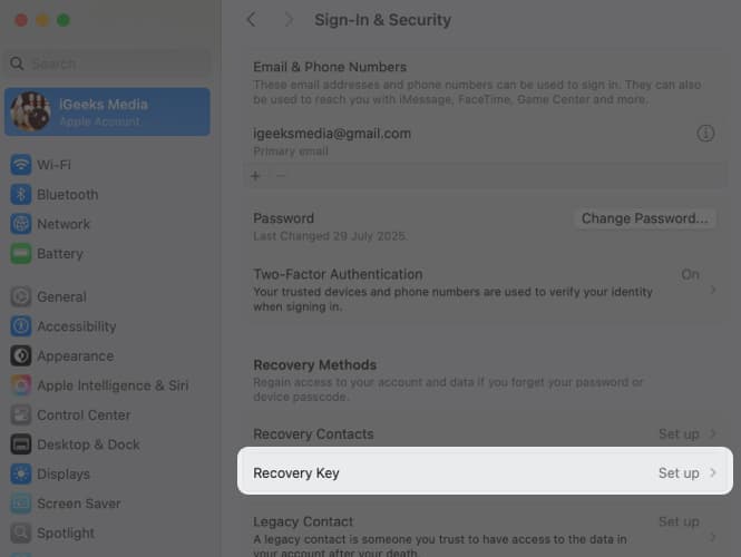 Click the Recovery Key