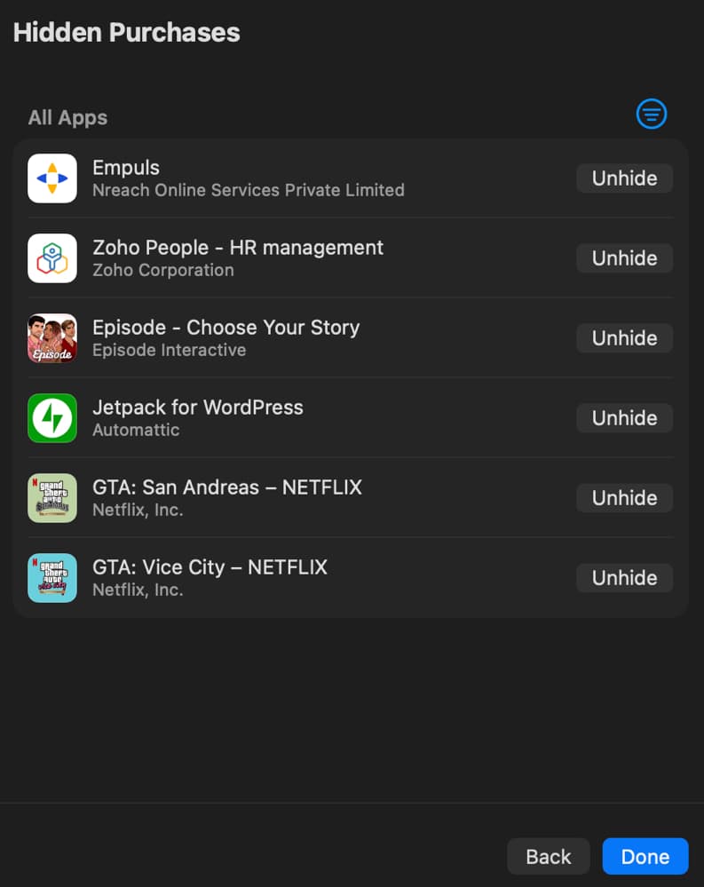 Click the Unhide Button Next to the App You Want to Unhide