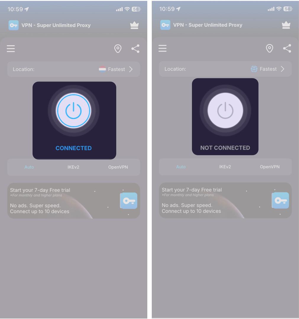 Disconnecting via the VPN app to restore cellular data.
