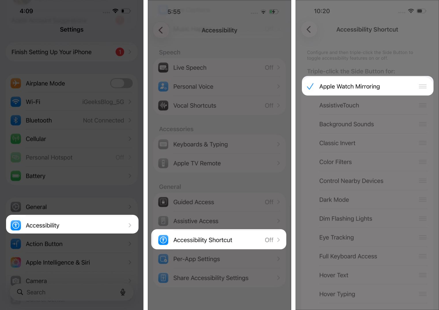Enable Apple Watch Mirroring Shortcut