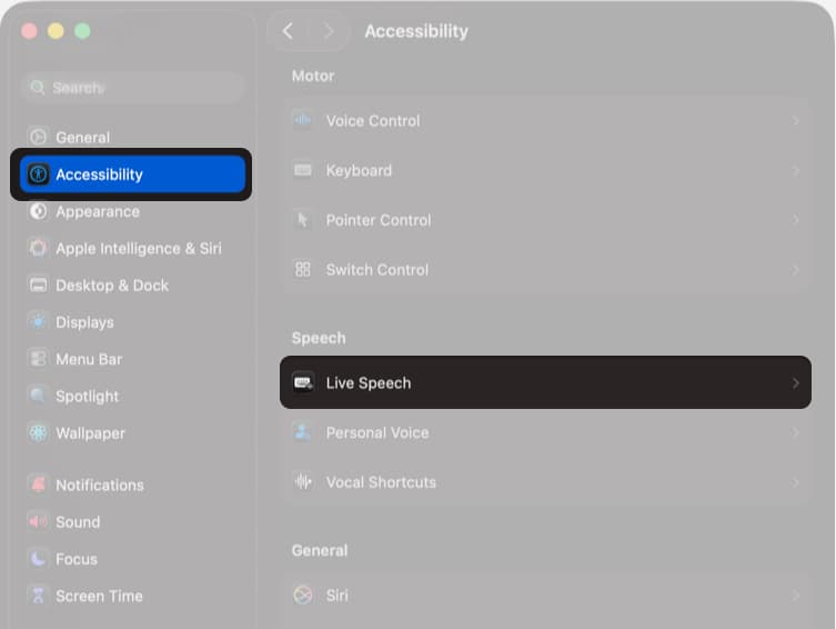 Enabling Live Speech in Mac Accessibility settings.