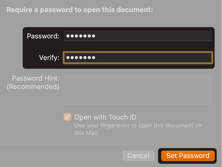 Enabling Touch ID for password-protected documents on Mac