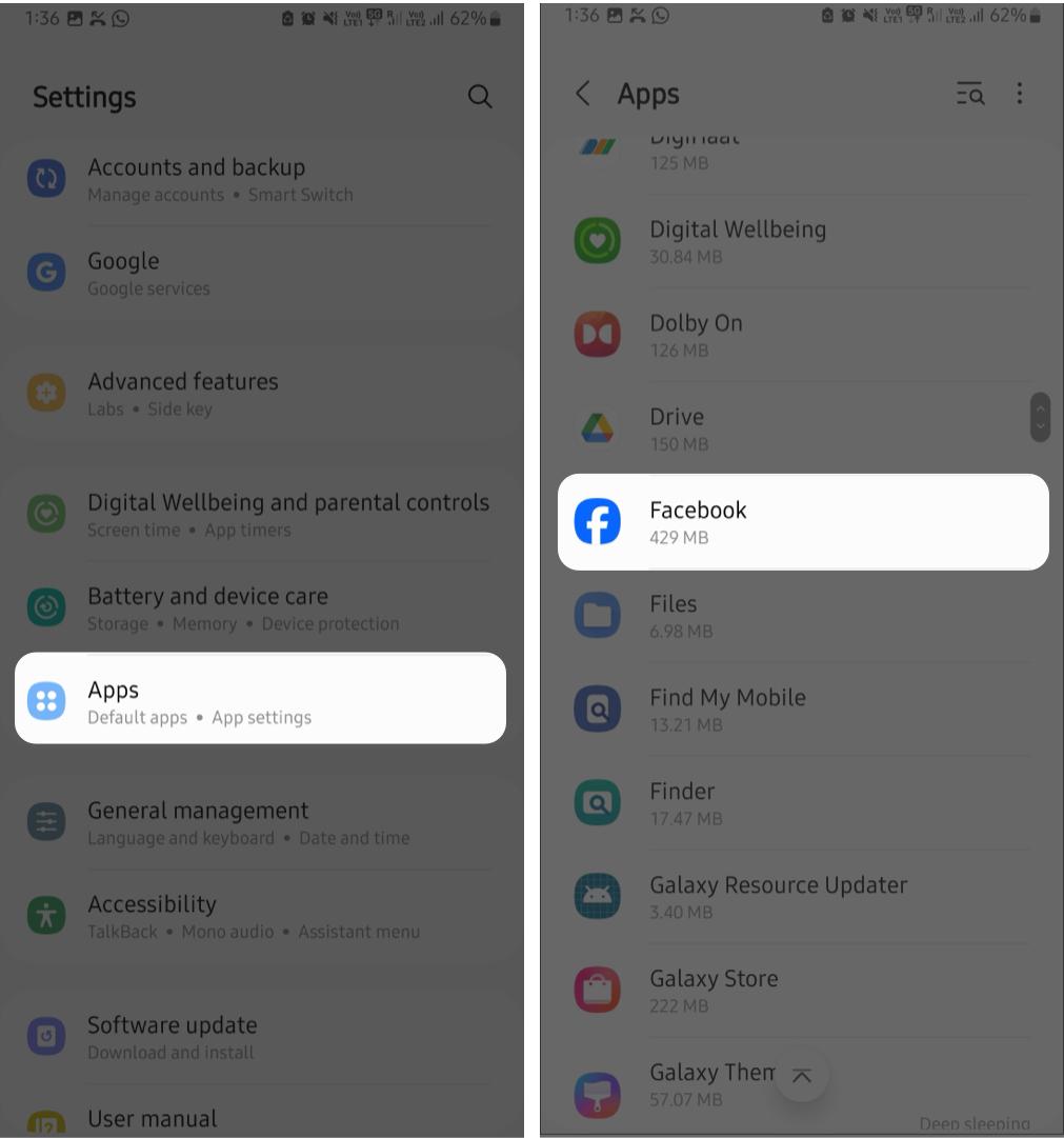 Finding the Facebook App in Android Settings.