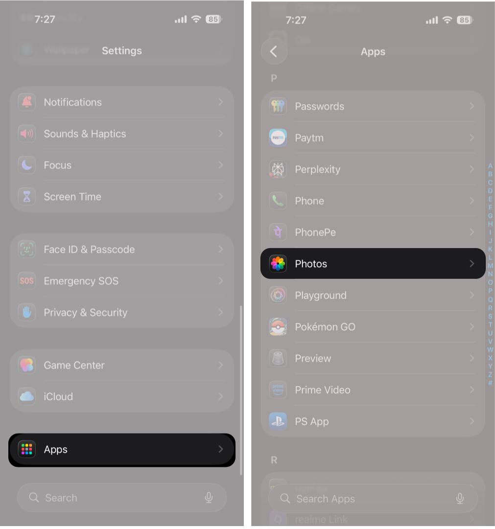 Go to Settings, Select Apps, and Then Tap Photos.
