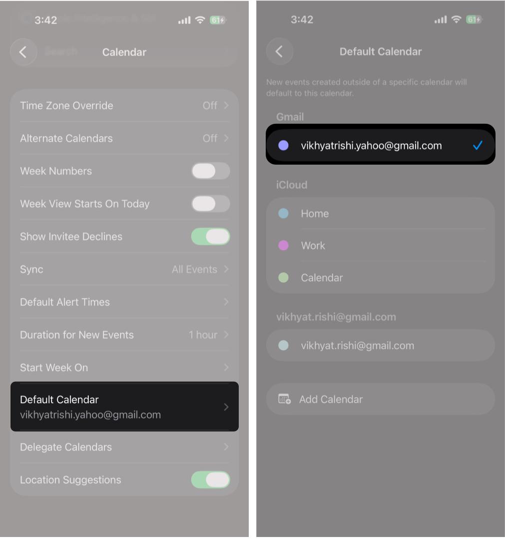 Locate and tap Default Calendar, then choose either Google or Outlook.