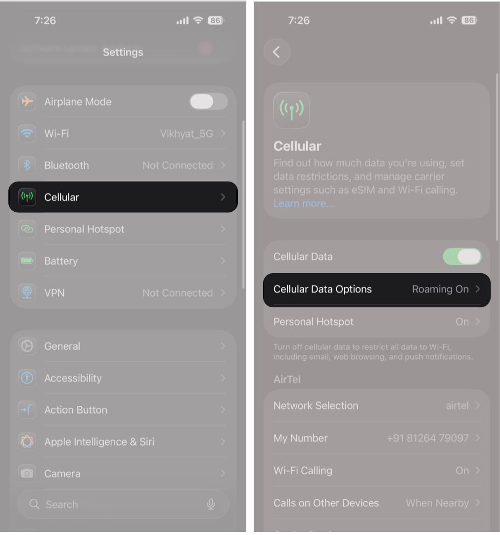 Navigating to Cellular Data Options in the iPhone Settings