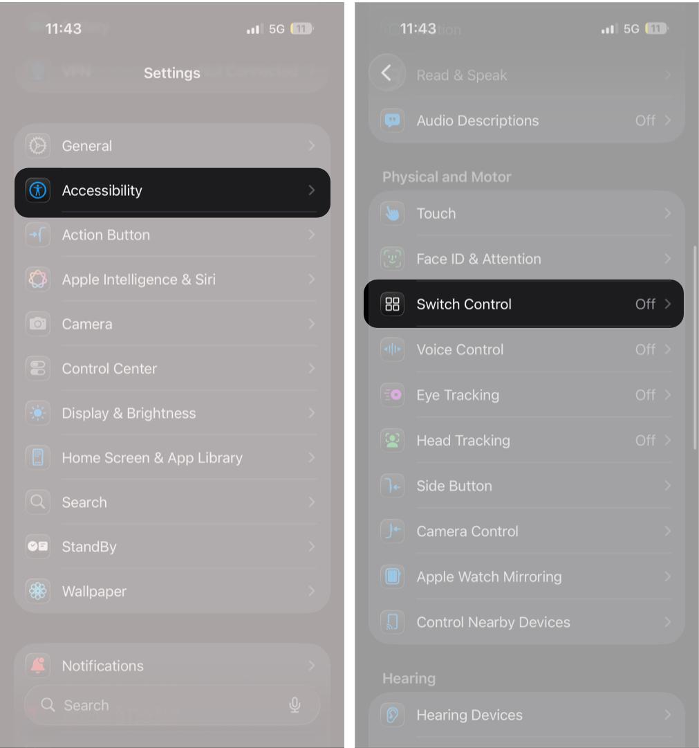 Navigating to the Switch Control menu on an iPhone