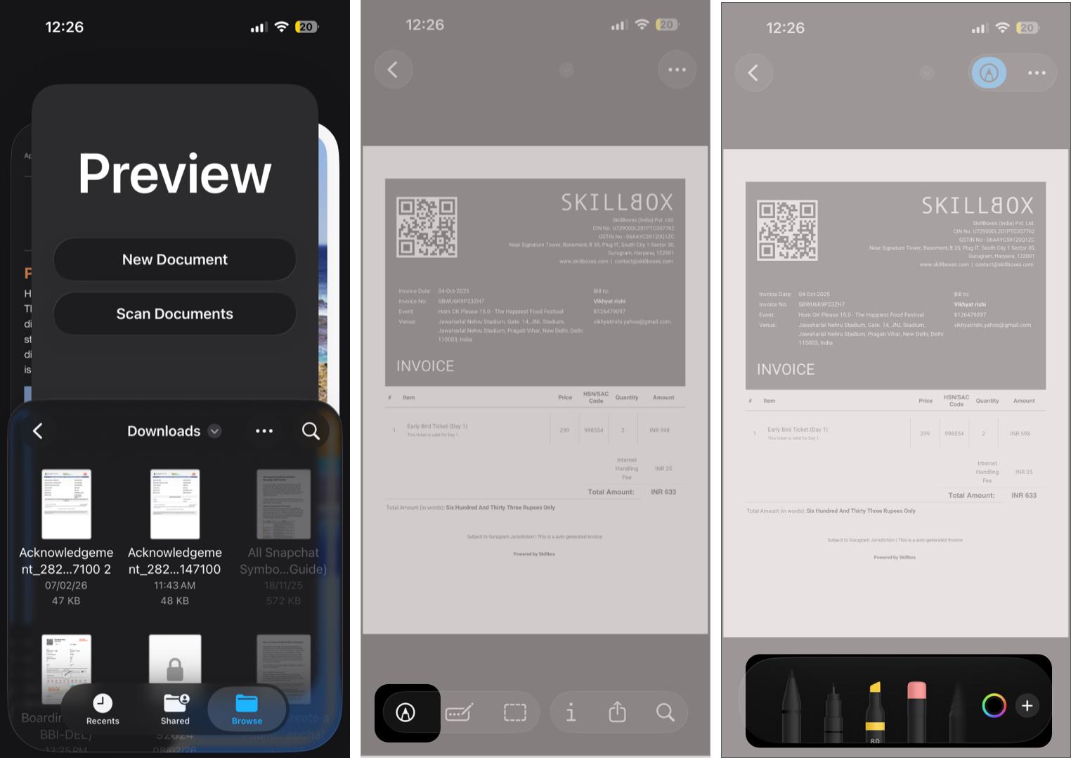 Opening the Markup tools in a PDF on iPhone.