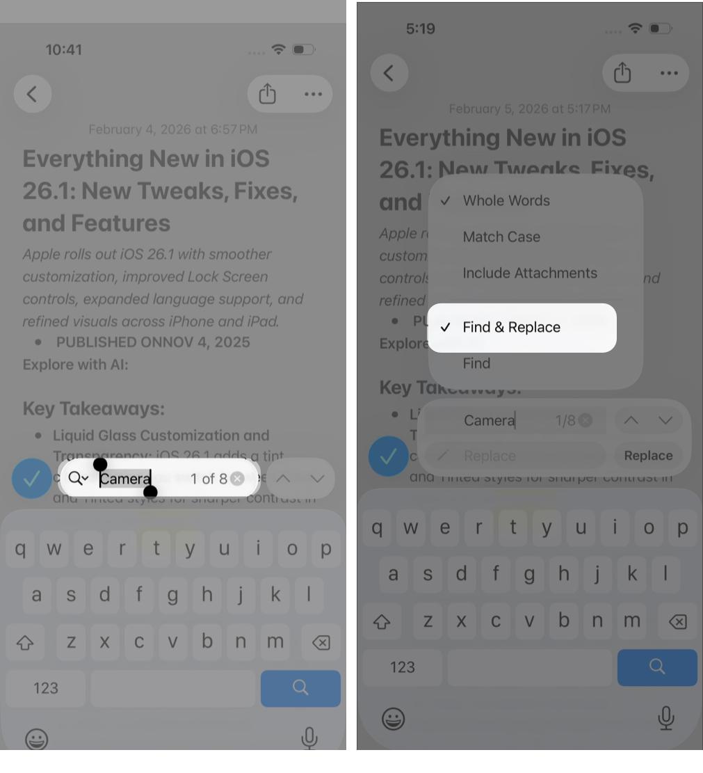 Replacing highlighted text in Notes.