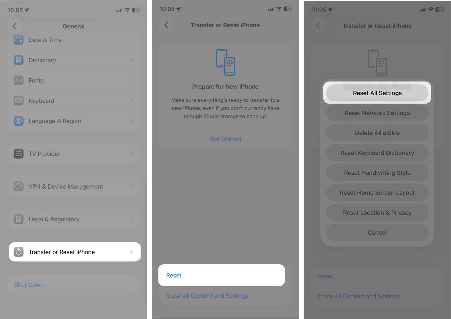 Select Transfer or Reset iPhone, Tap Reset, and Then Choose Reset All Settings.