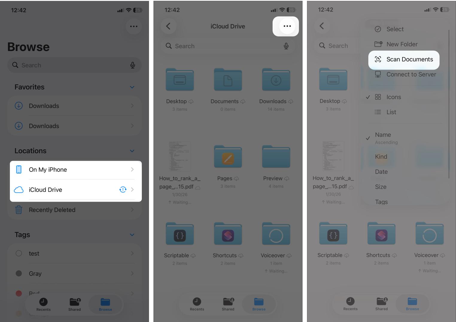 Starting a Document Scan in the Files App.