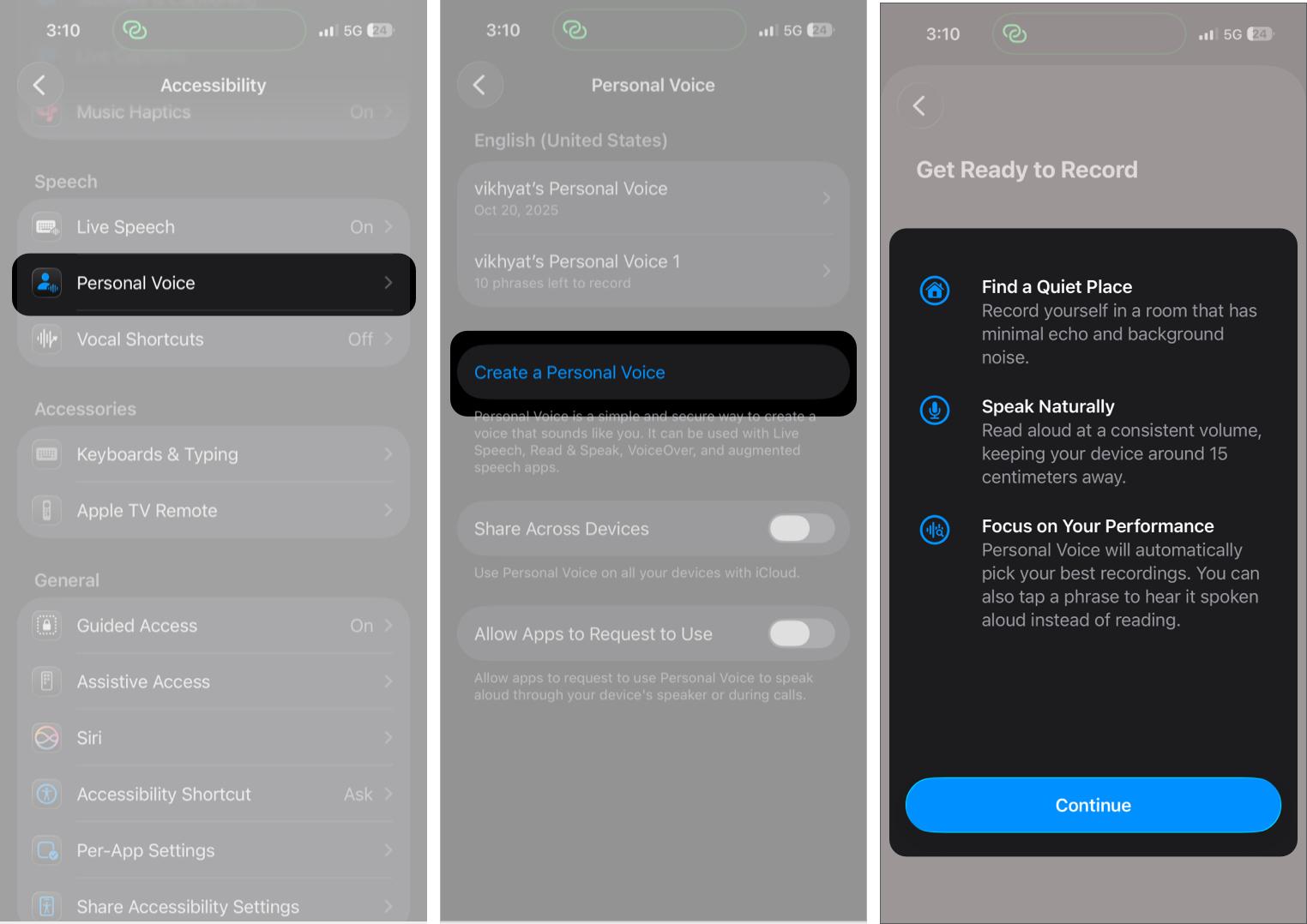 Starting the Personal Voice creation process on iPhone