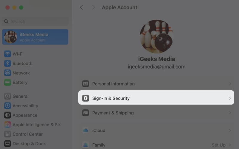 System Settings and Select Sign-in & Security