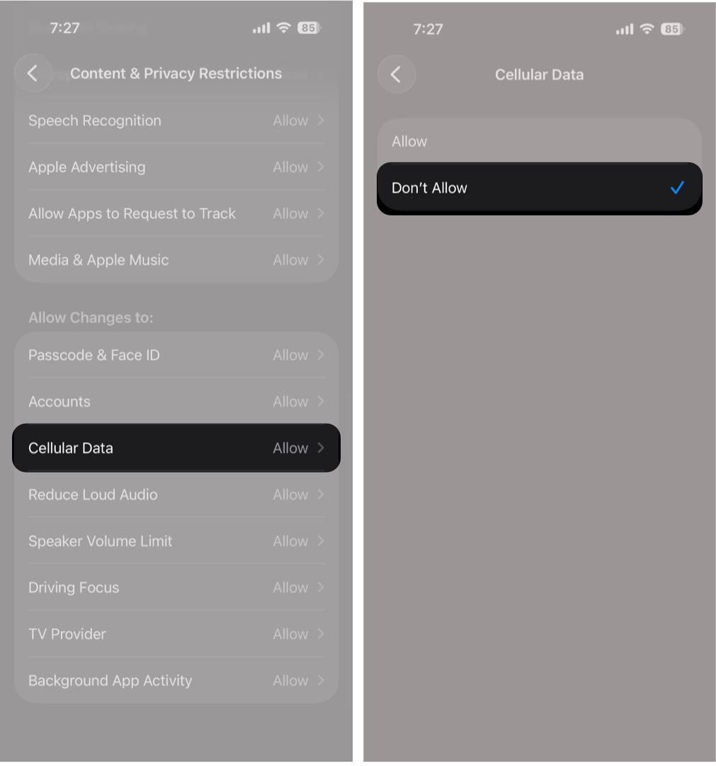 Tap Cellular Data Under Allow Changes Next, Select the Don’t Allow Option.