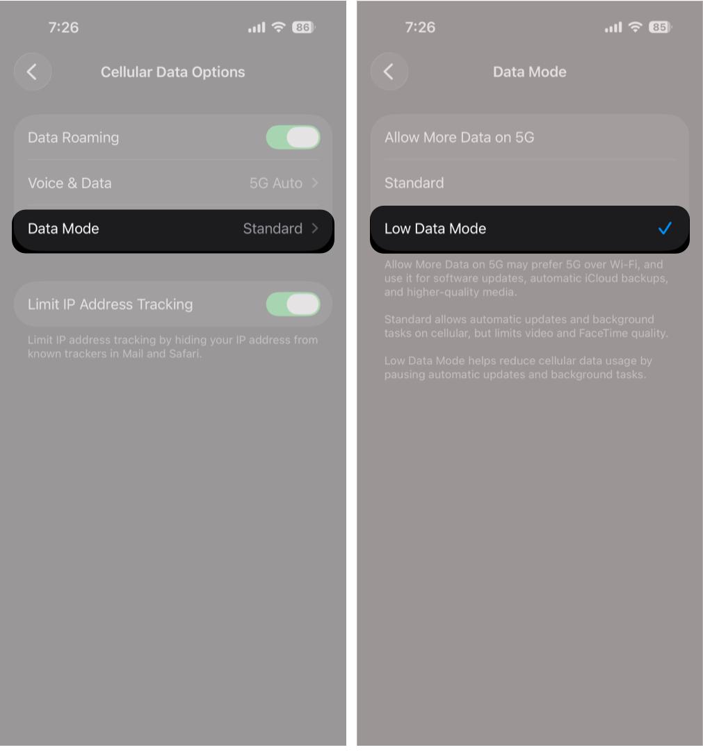 Tap Data Mode and Select Low Data Mode.