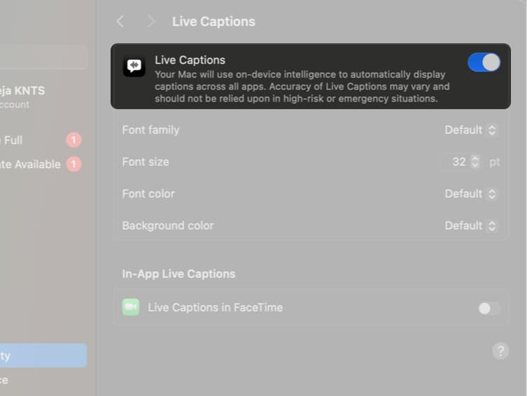 Turn on the Live Captions toggle