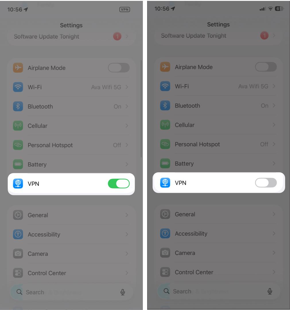 Turning off VPN in iPhone Settings.