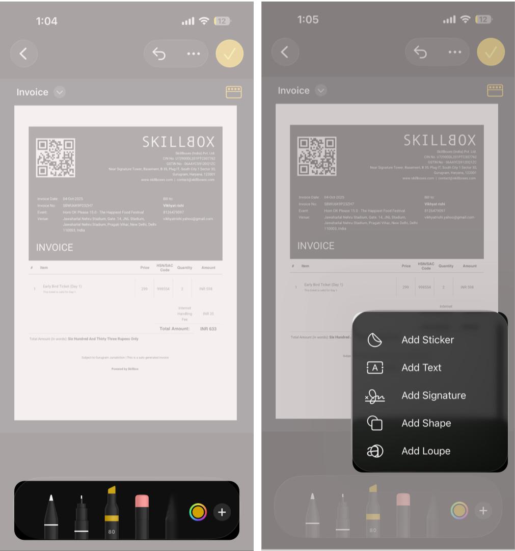 Using Markup tools on a PDF within iPhone Notes.