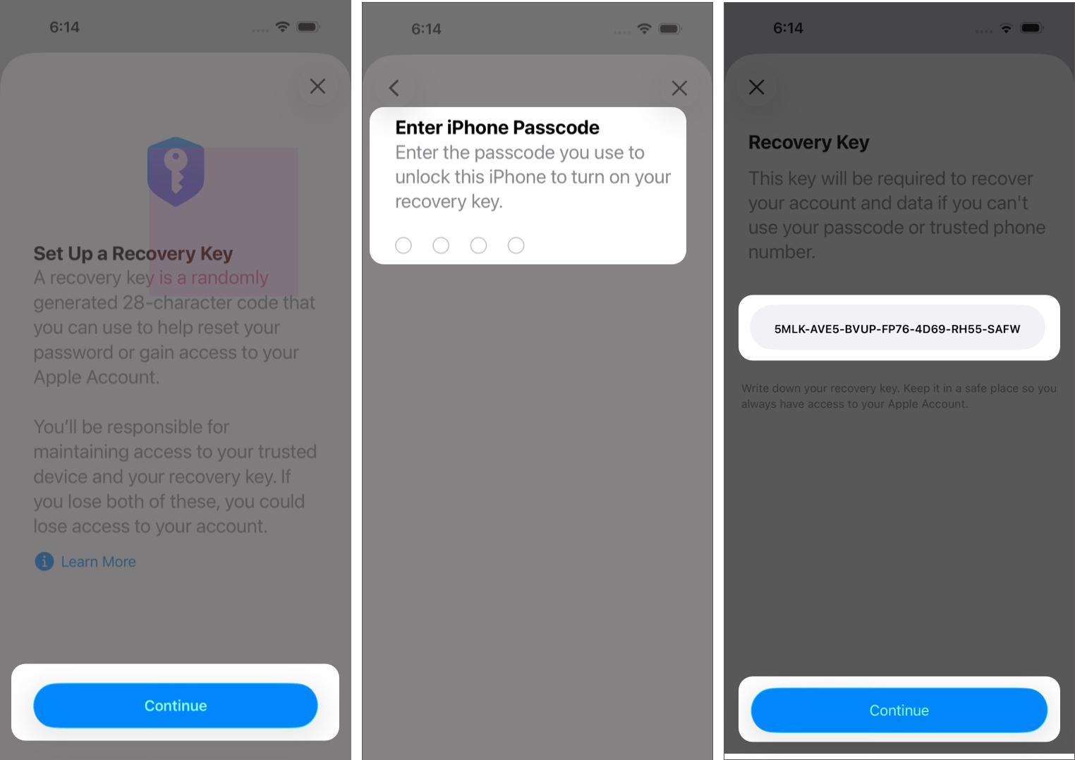 Viewing the 28 character recovery key