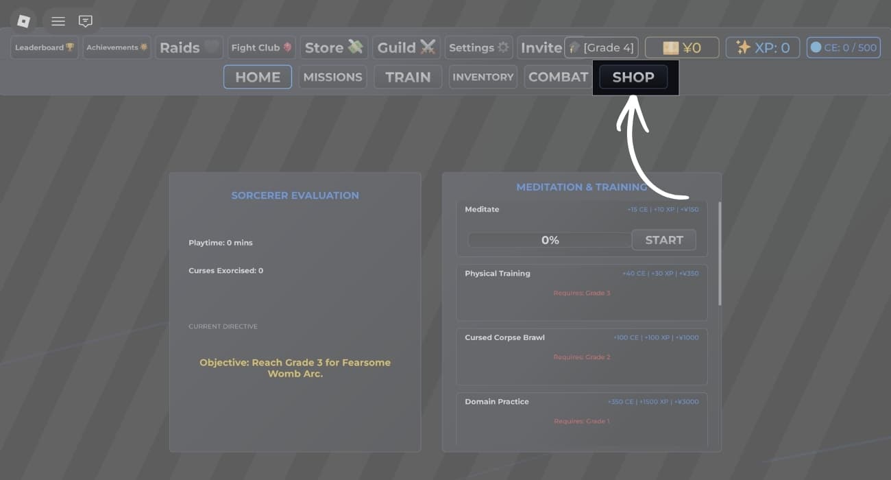 Click the Shop button at the top right of the screen