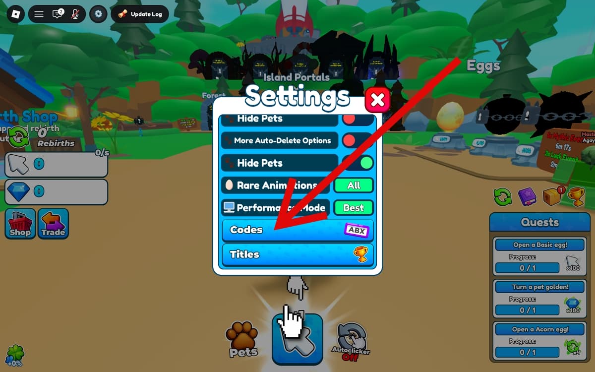 Select the Codes button in Tap Simulator Roblox Game