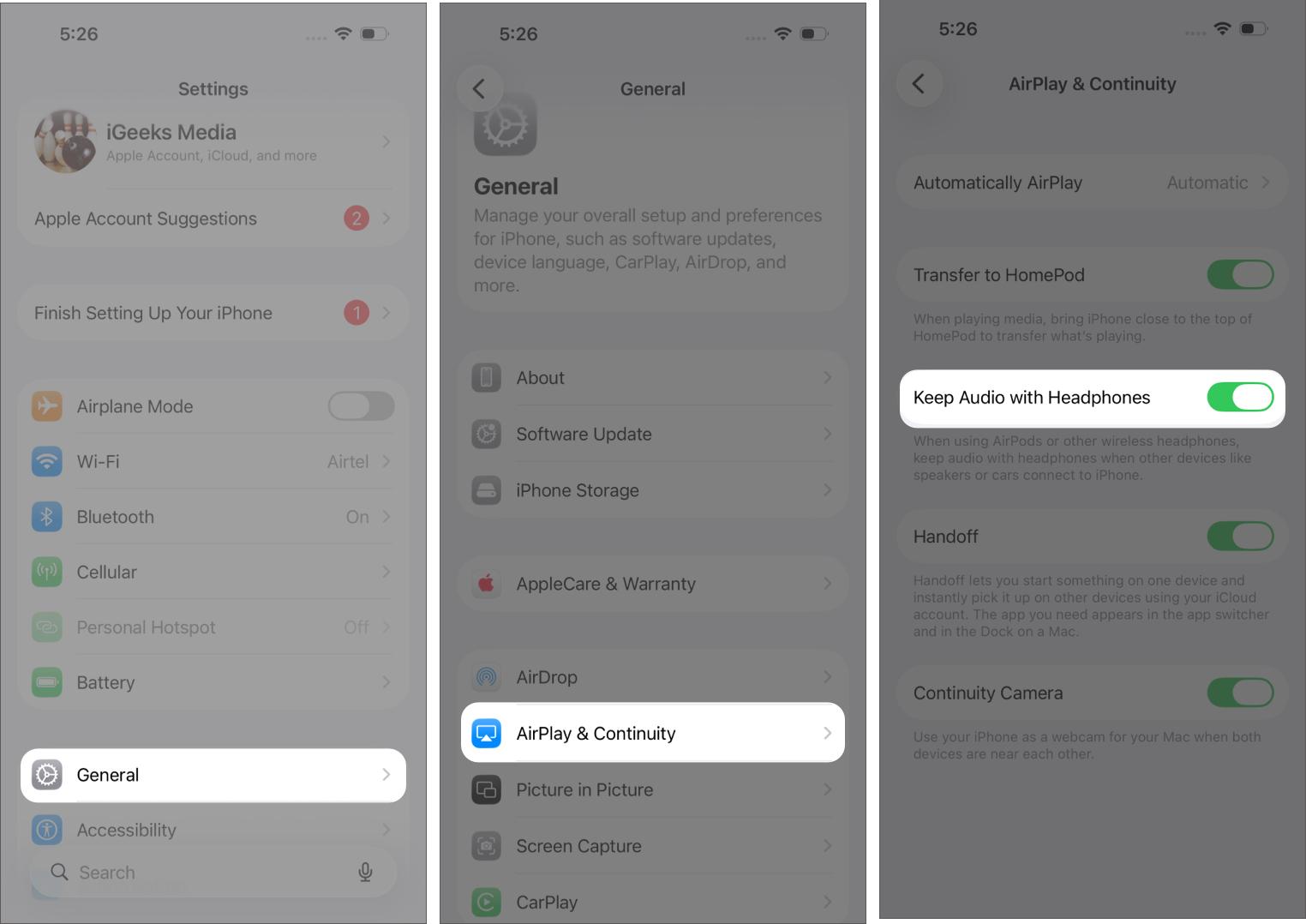 Turn on Keep Audio with Headphones In iPhone