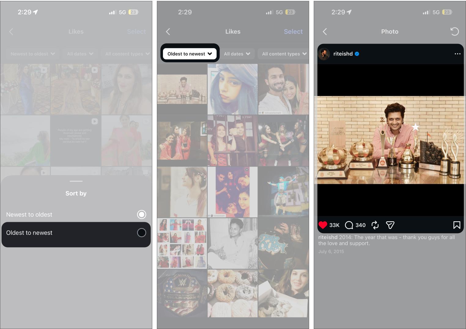 Viewing the First-Ever Liked Post on Instagram Using the Sorting Filter.
