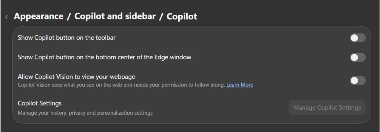 Click Copilot and toggle off all the options
