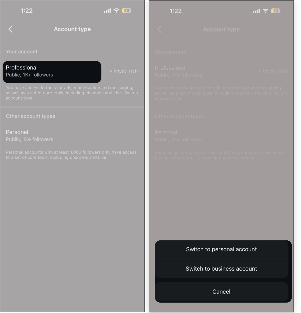 Confirming Personal Account Switch