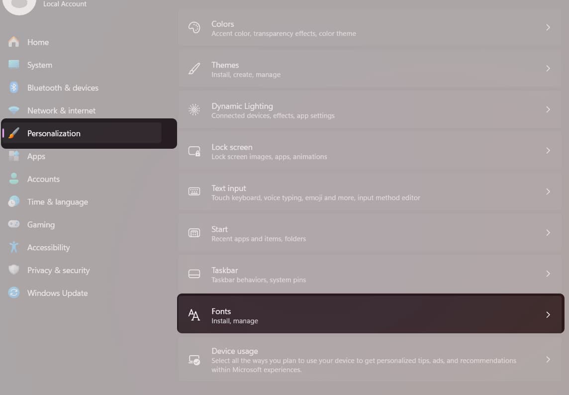 Go to Personalization and select Fonts