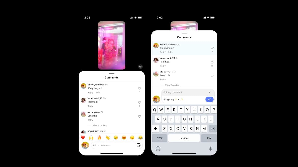 How comment editing works on Instagram