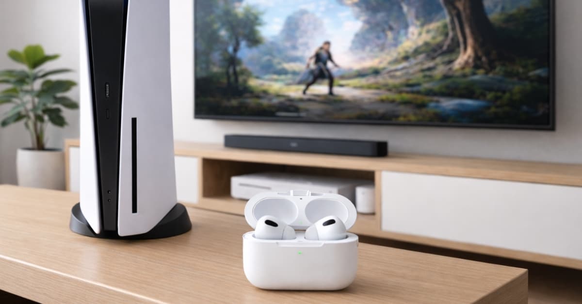 Modern gaming setup with wireless earbuds