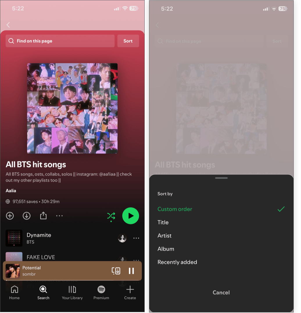 Pull down to search inside the playlist