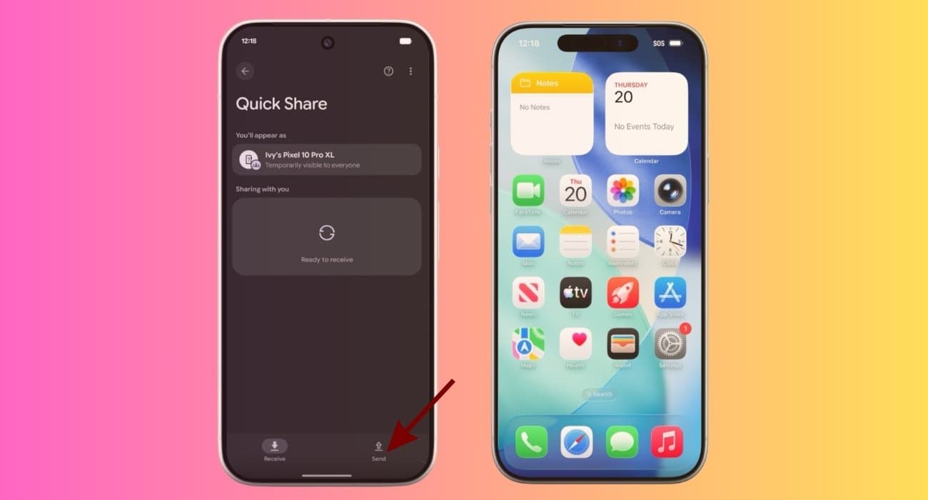 Quick Share screen and move to the Send tab