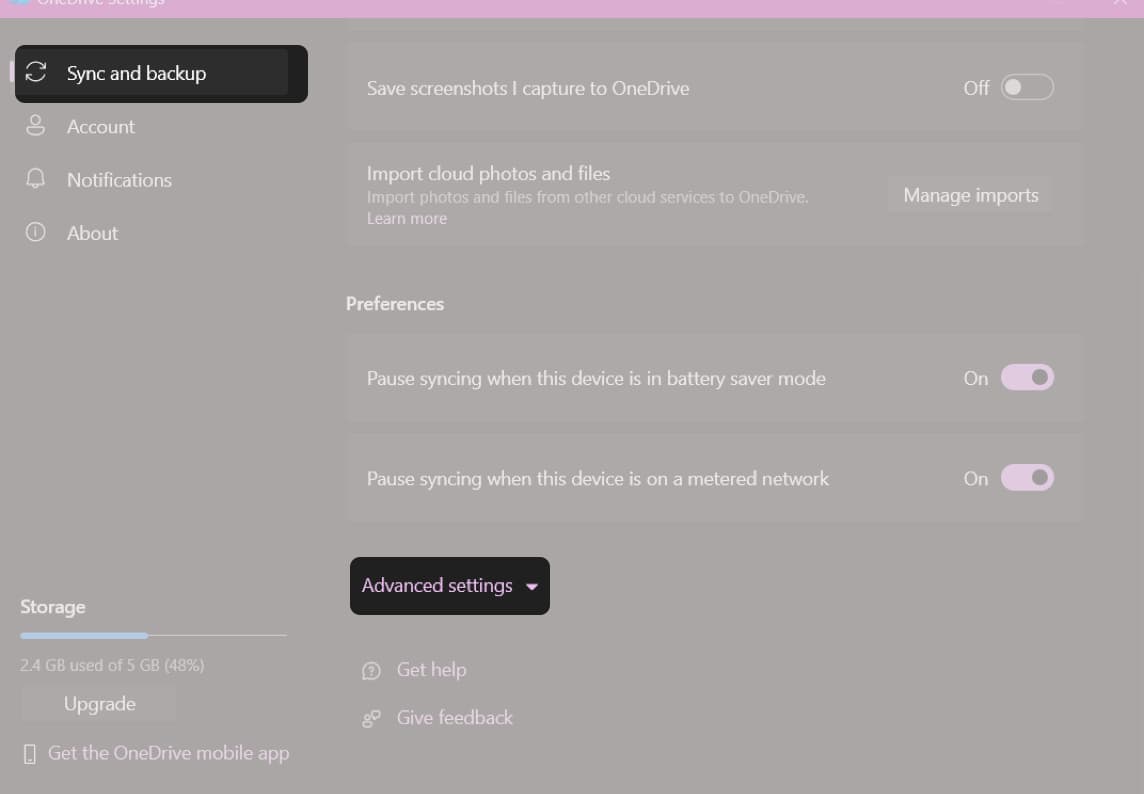 Sync & Backup and Click Advanced Settings